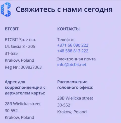 Контактные сведения онлайн-обменки БТЦБИТ Сп. З.о.о.