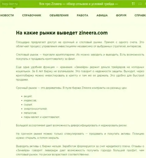 Торговые инструменты, предлагаемые организацией Zinnera Com в информационном материале на сайте Tvoy Bor Ru