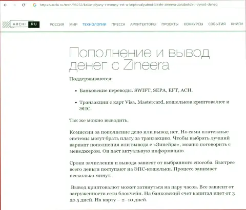 О разнообразии вариантов вывода вложенных денег в брокерской организации Zinnera говорится в материале на портале Archi Ru